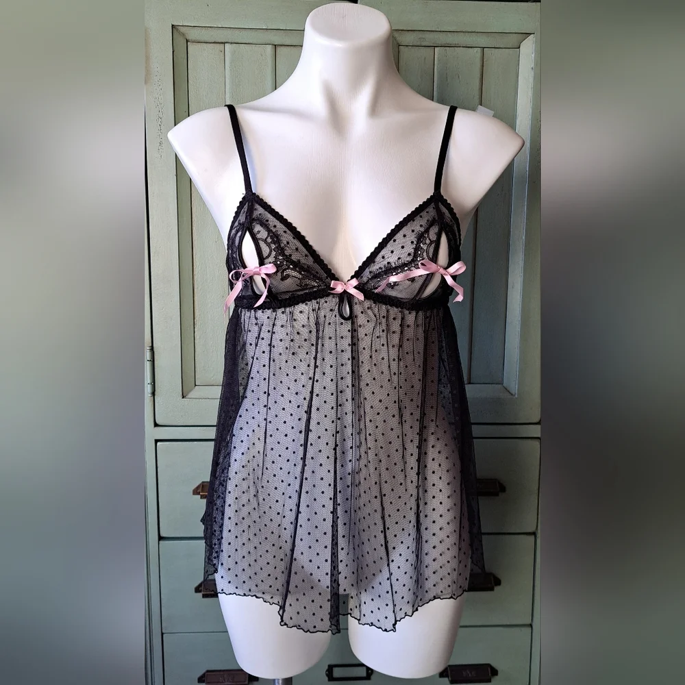Victoria's Secret '12 Sexy Little Things Babydoll Black Lace/Bows Lingerie Sz M